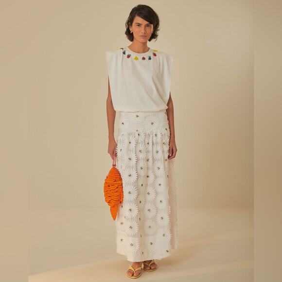 Farm Rio White Beaded Fruits Organic Cotton T-Shirt XL - Picture 9 of 9